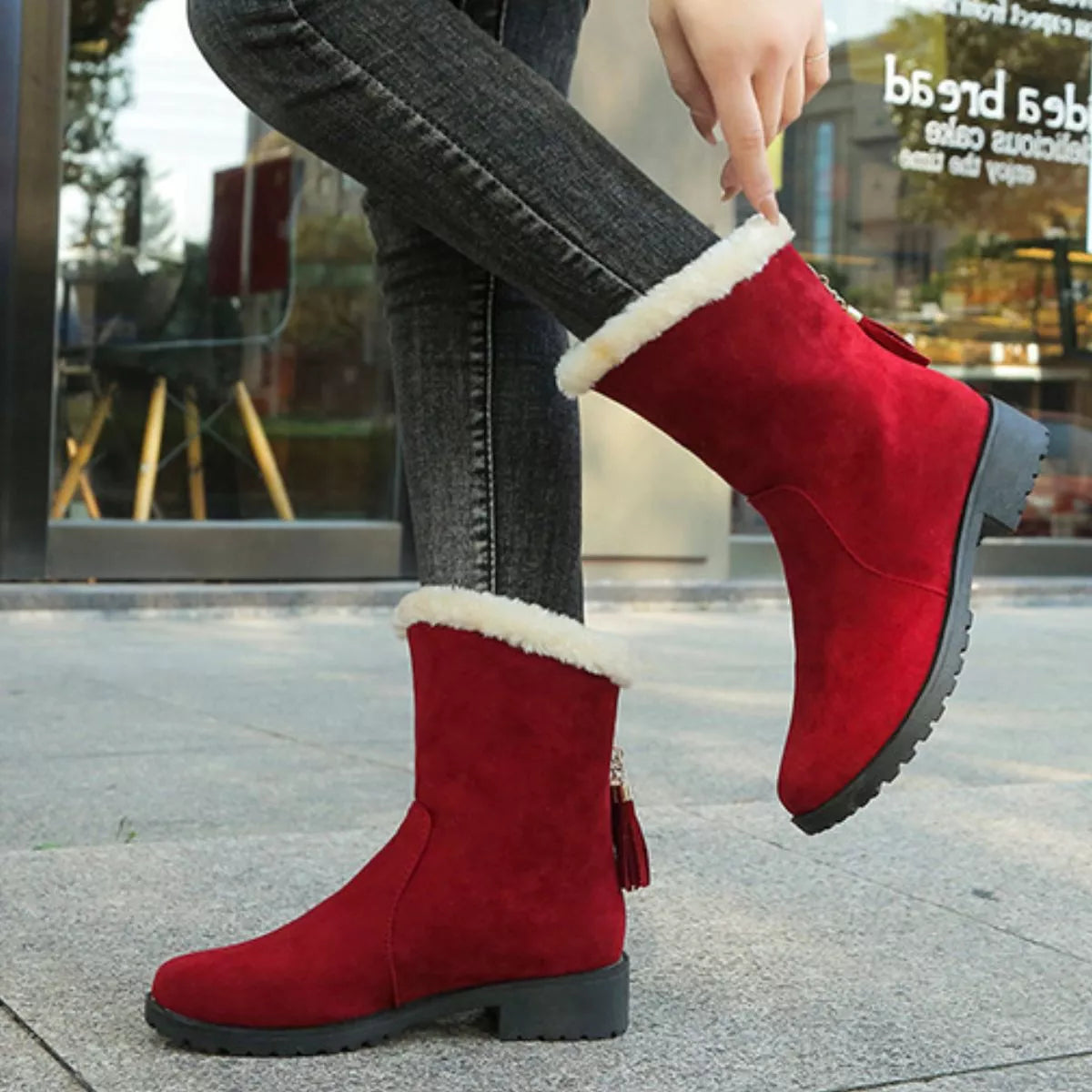 Round toe plush lined suede boots heel detail