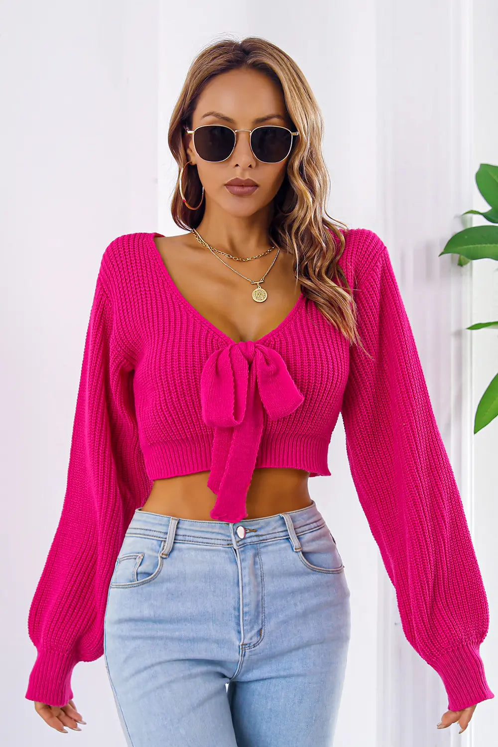 Bow V-Neck Long Sleeve Cropped Sweater - Fashorio