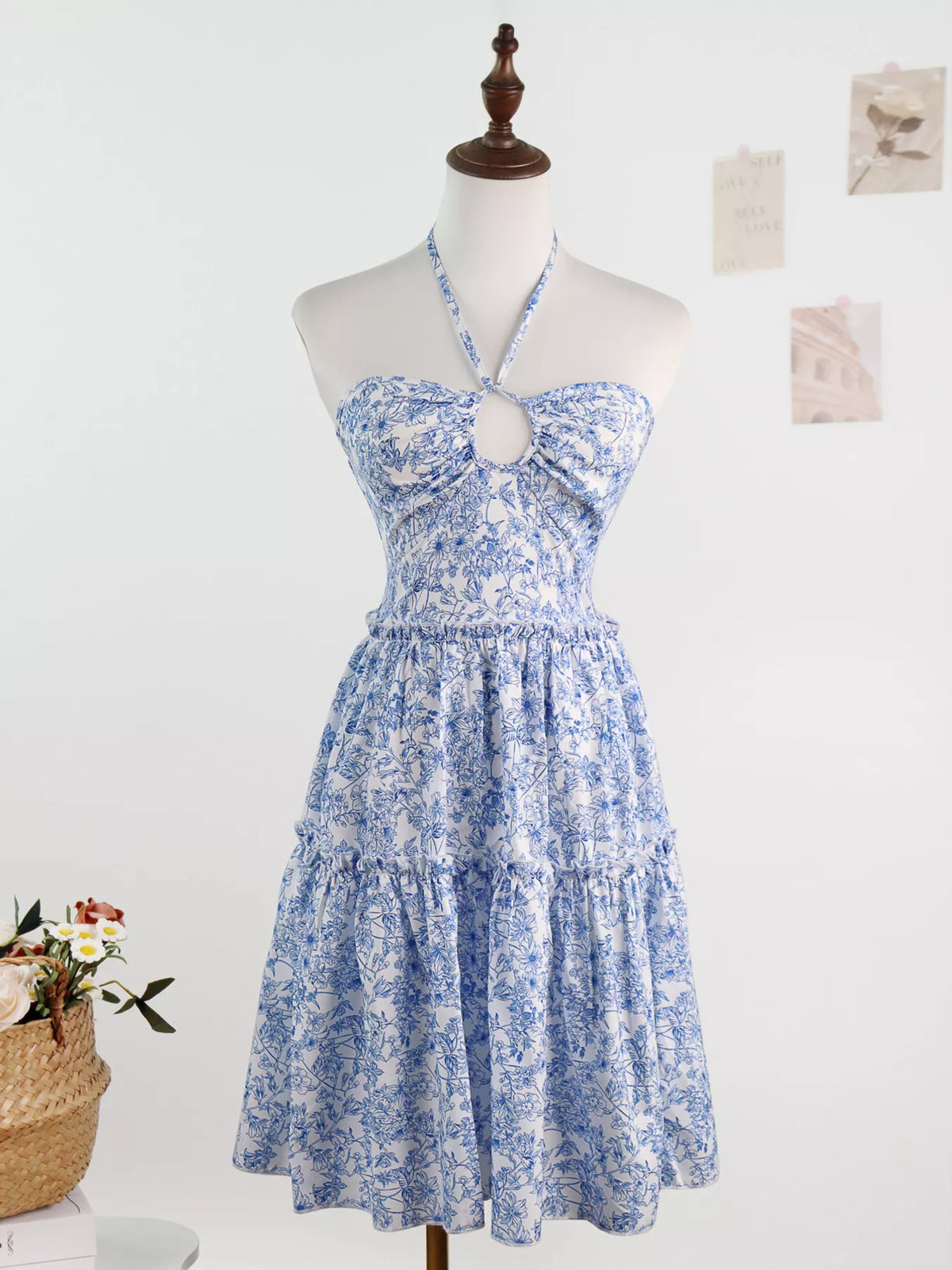 Blue floral halter neck ruffle hem summer dress, back view