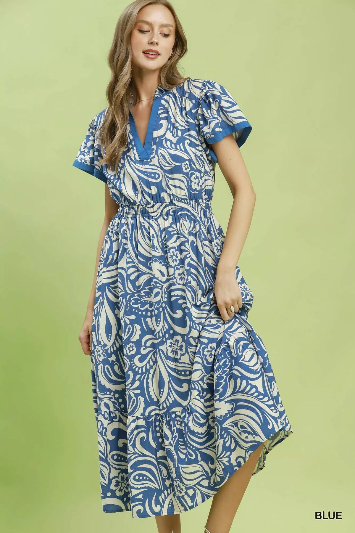 Blue paisley print midi dress front view