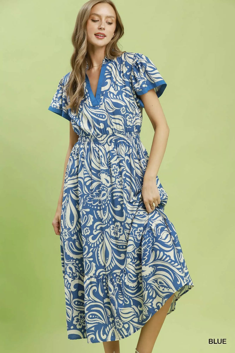 Blue paisley print midi dress front view