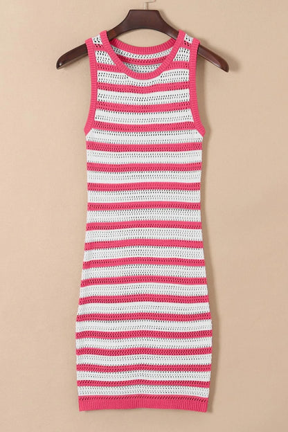 Stripe Hollowed Knit Sleeveless Sweater Dress - Fashorio