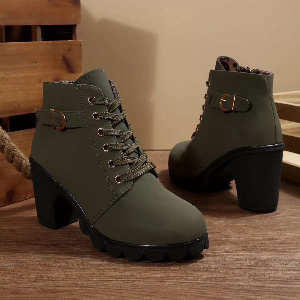 Lace up block heel suede boots full length shot