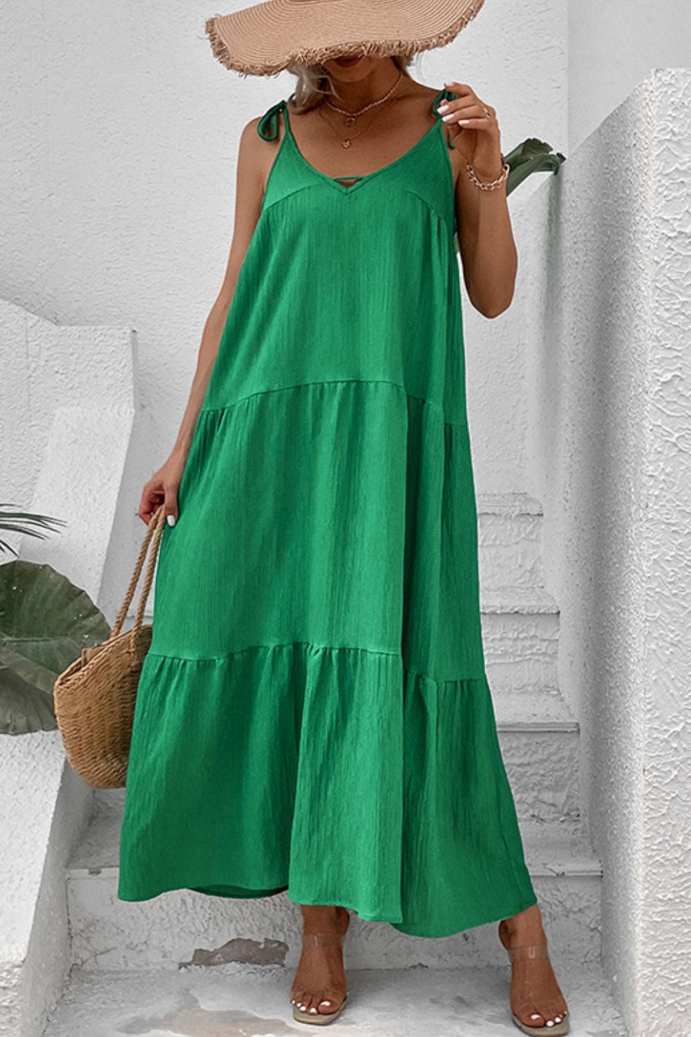 Tie shoulder tiered sleeveless maxi dress front view
