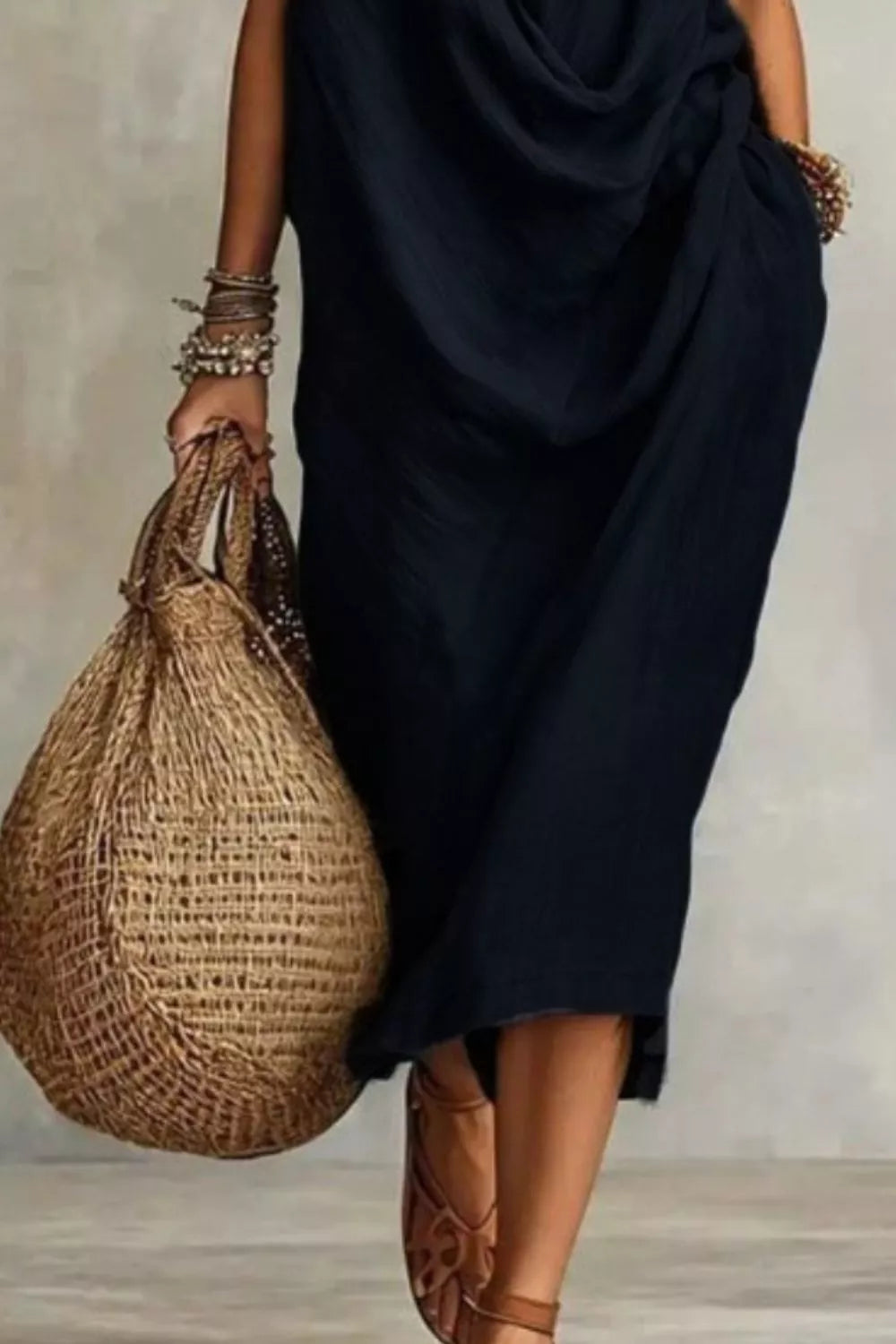 Sleeveless drape cowl neck midi dress detail view