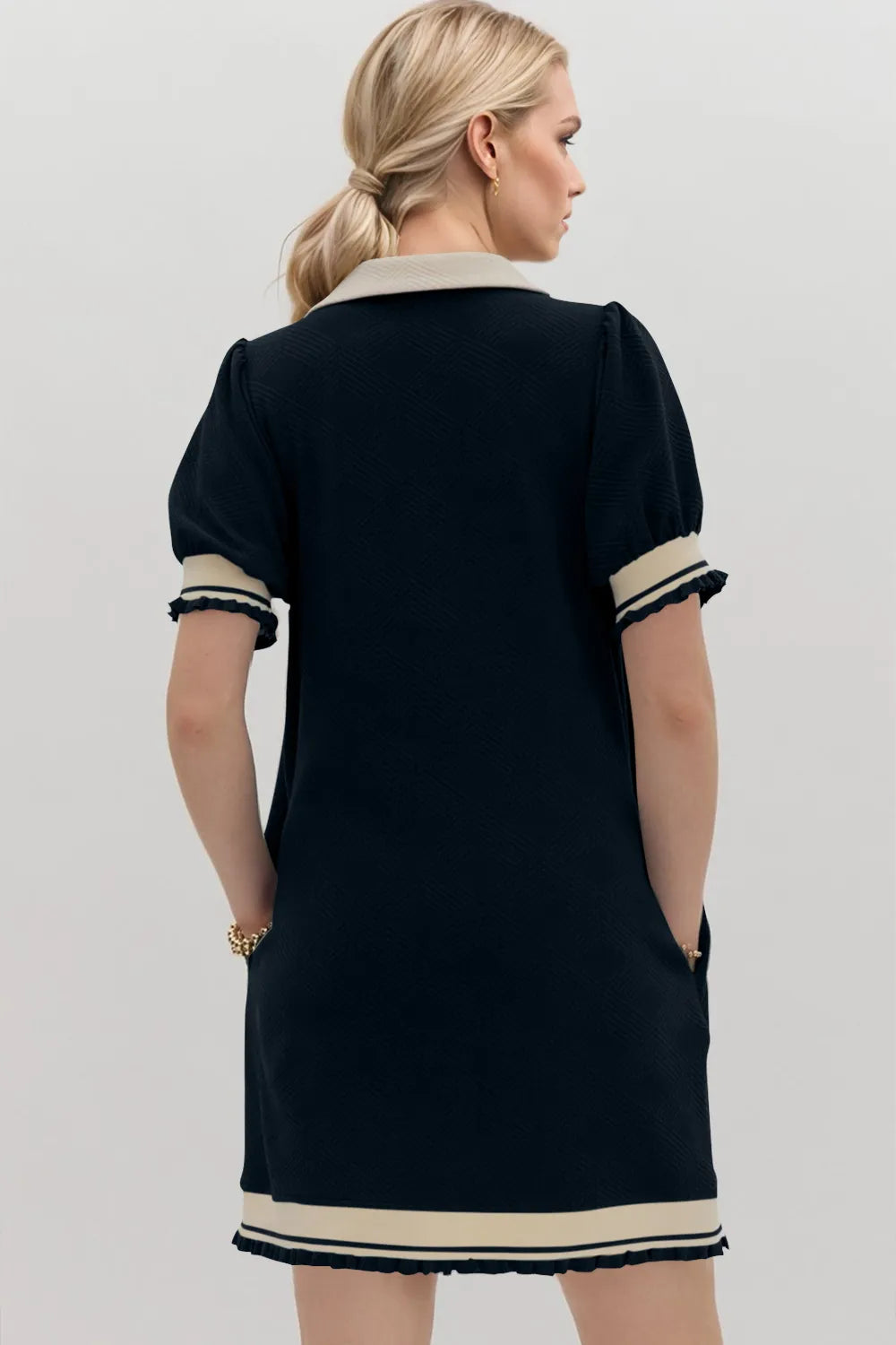 Black collared mini dress back view