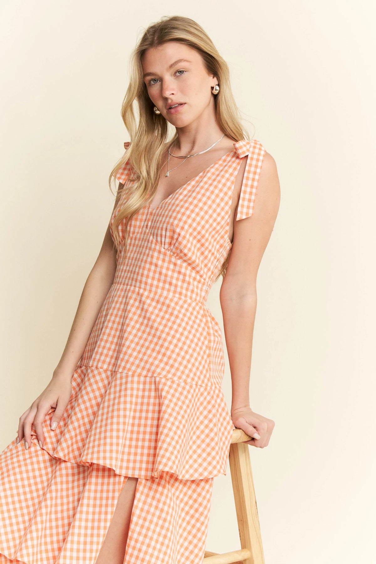 Sleeveless Gingham Print Tiered Midi Dress view 7