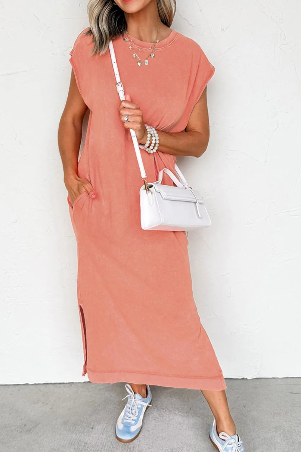 Side Split Round Neck Cap Sleeve Shirt Dress, view 8