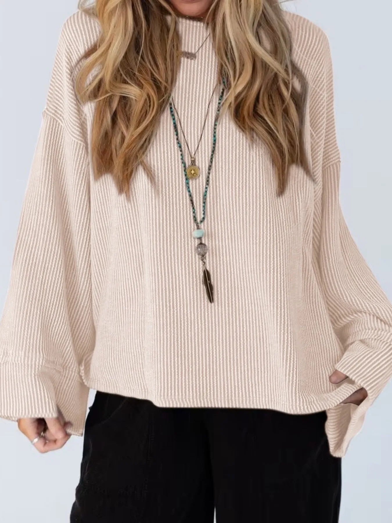 Cutout Back Long Sleeve T-Shirt Apricot - Fashorio