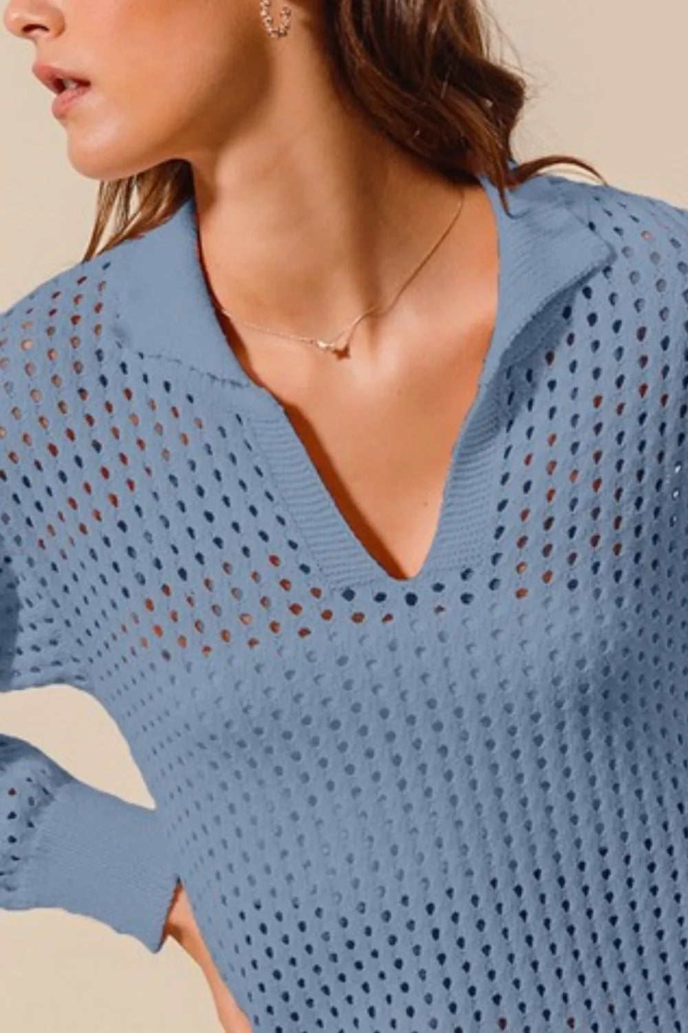 Open Knit Polo Sweater Top in Denim Blue back view