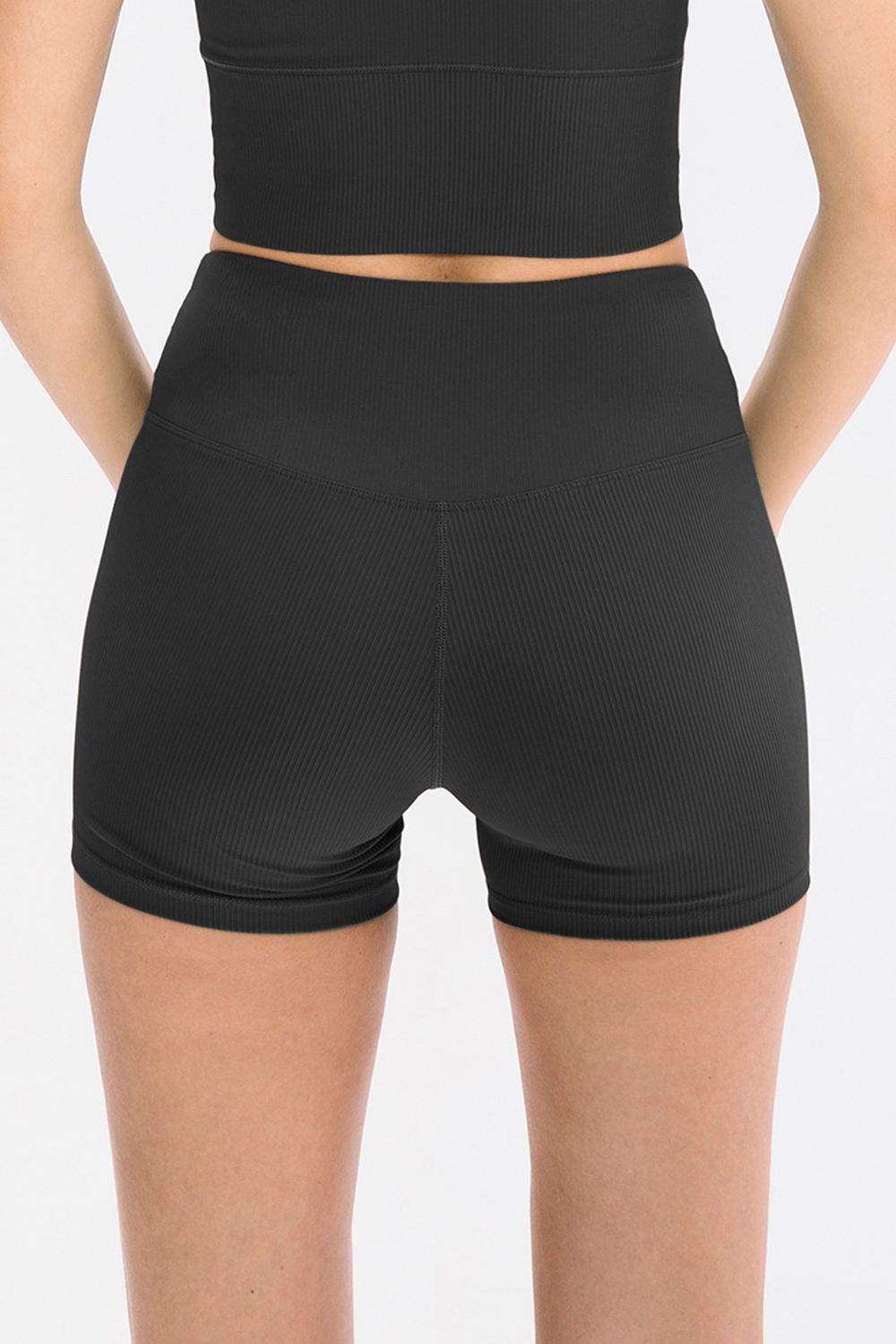 Slim fit wide waistband sports shorts styled outfit view