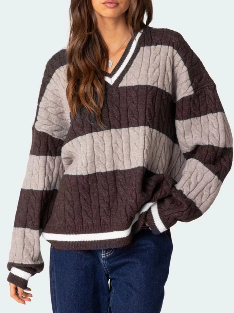 Striped cable knit V neck sweater front view