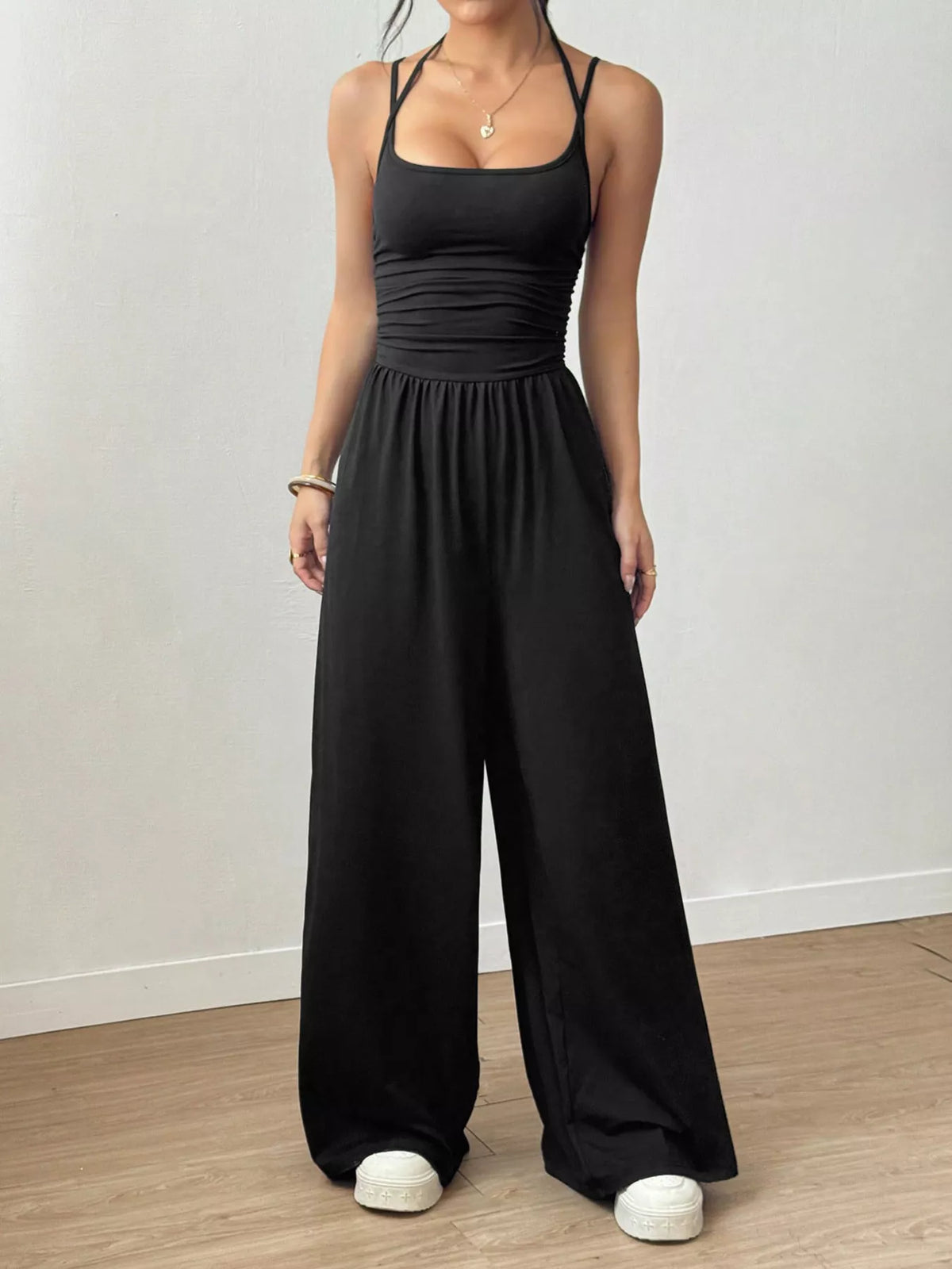 Burgundy spaghetti strap wide leg jumpsuit front view