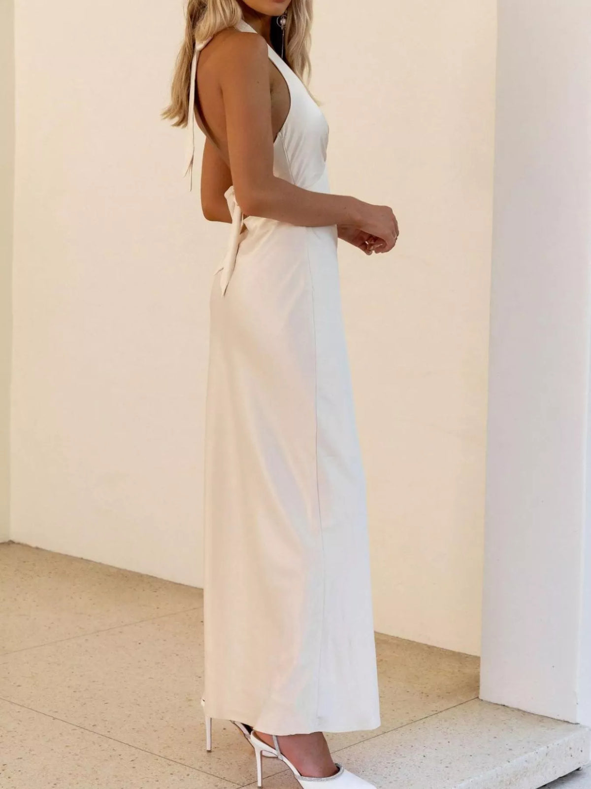 halter neck sleeveless maxi dress styled look