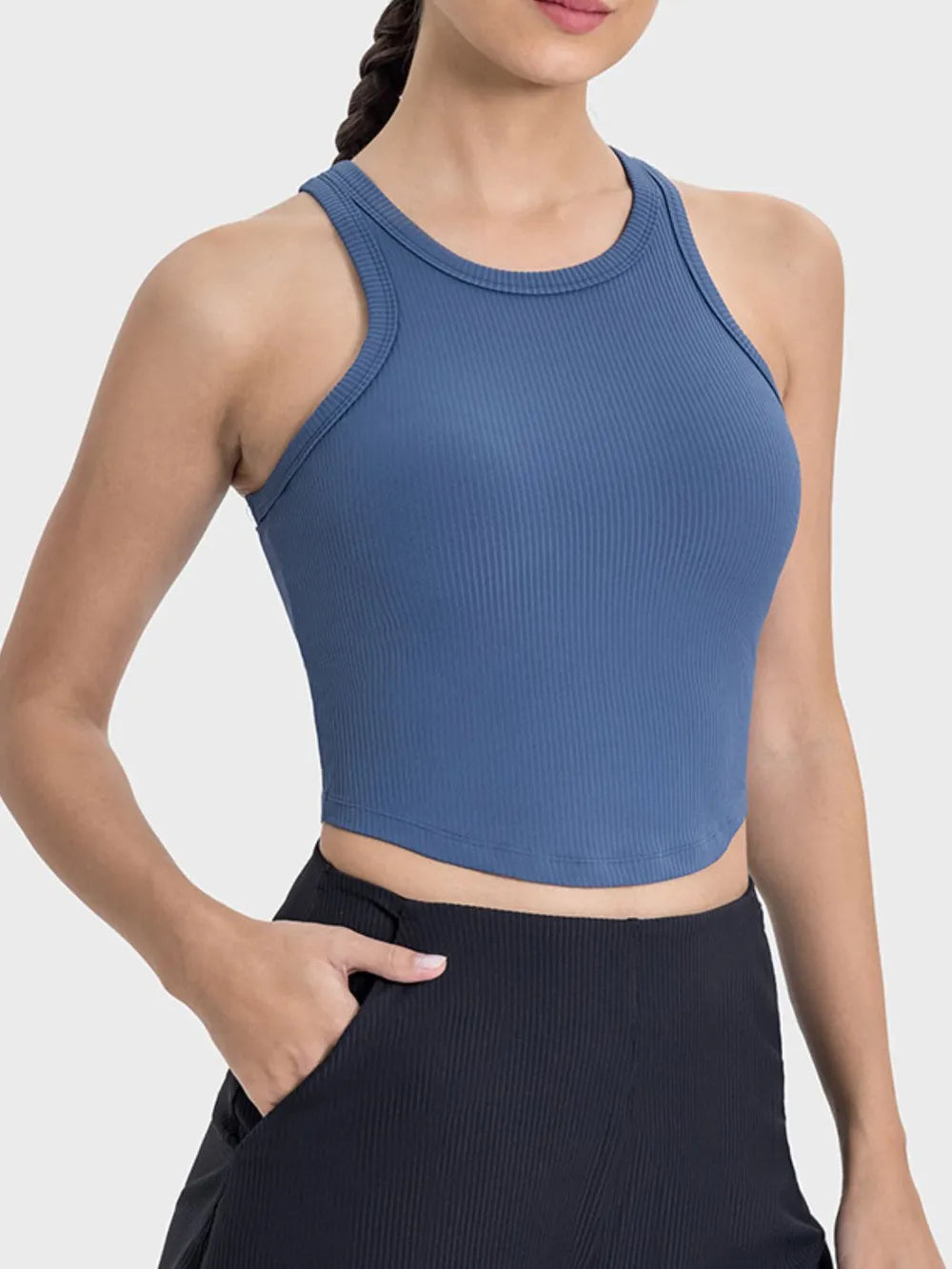 Round neck racerback active tank front view