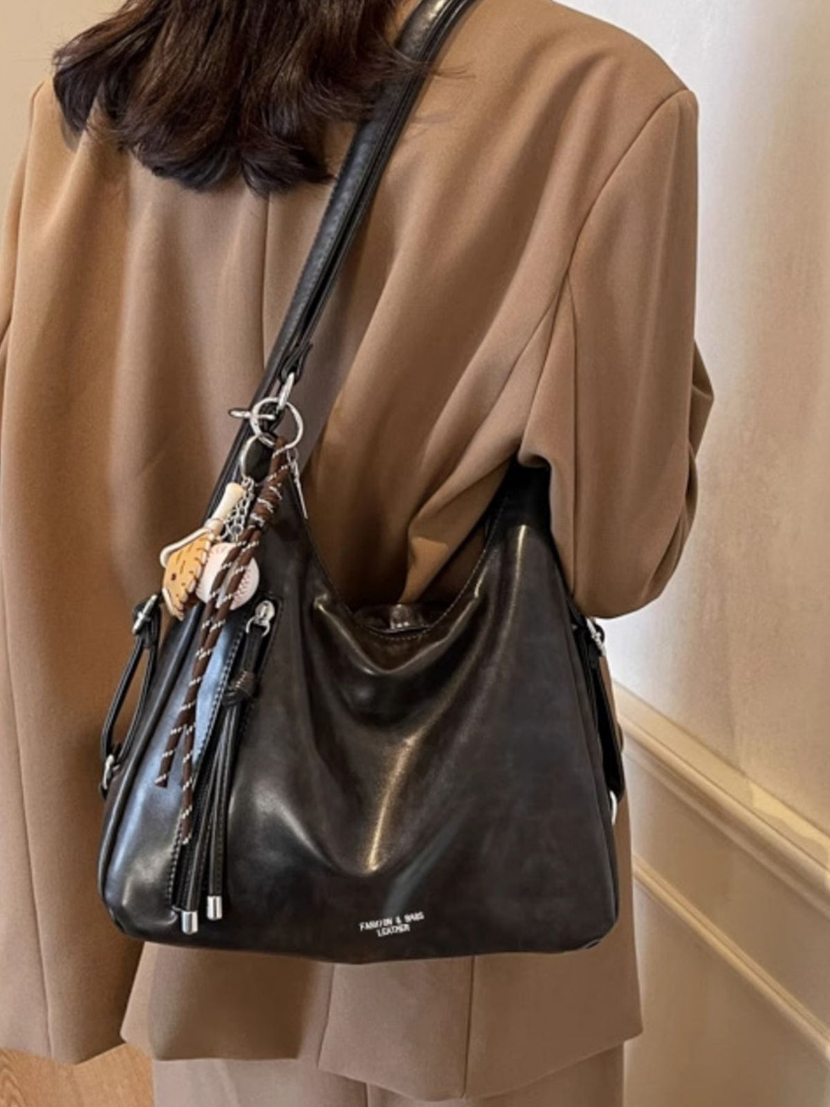 Interior view of black shoulder bag