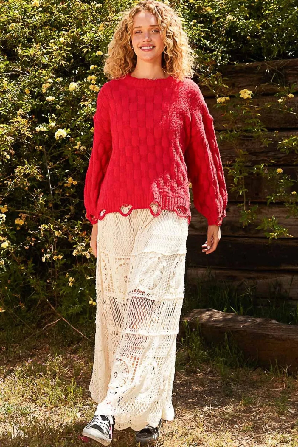 Checkered Distressed Edge Sweater in Candy Apple Red styled look