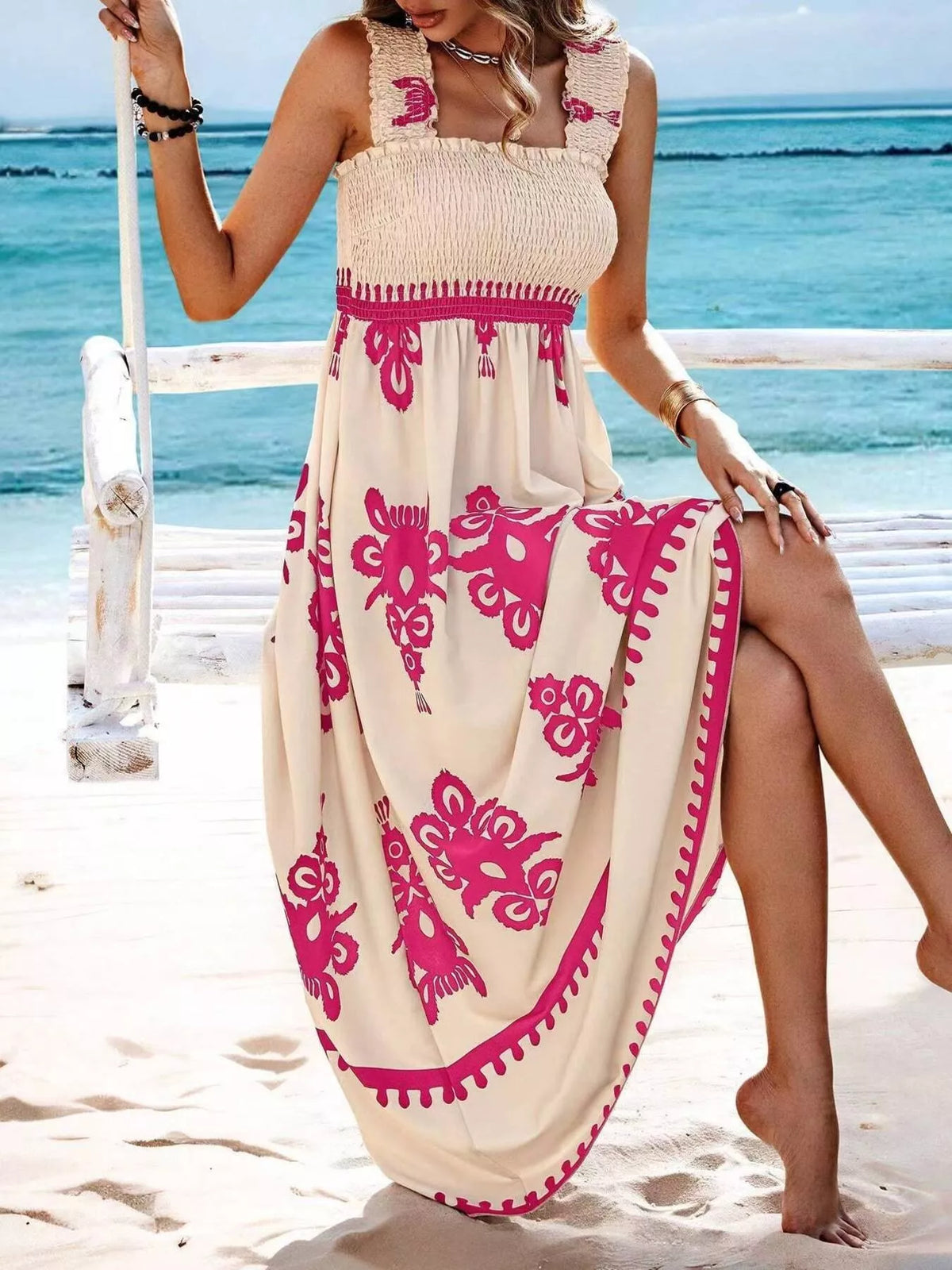 printed square neck smocked maxi dress fabric detail