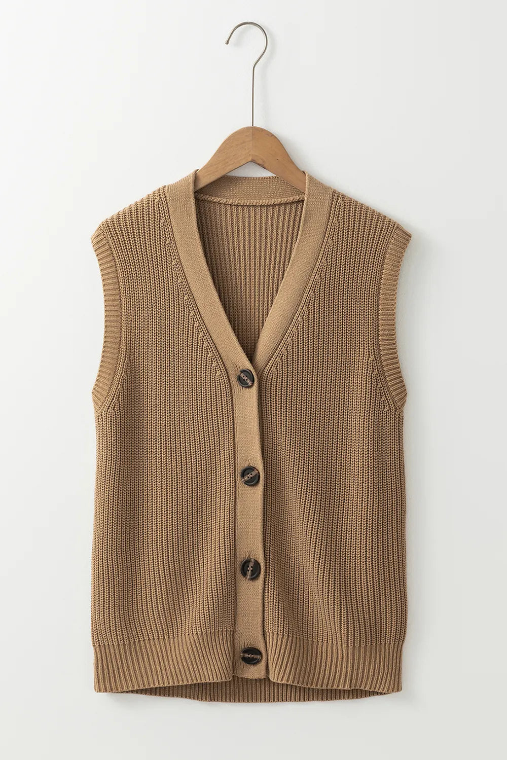 Button Up V Neck Sweater Vest in Camel styled look
