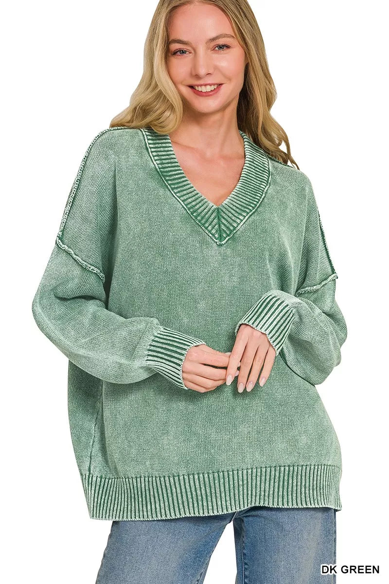 Washed deep V-neck oversized sweater front view