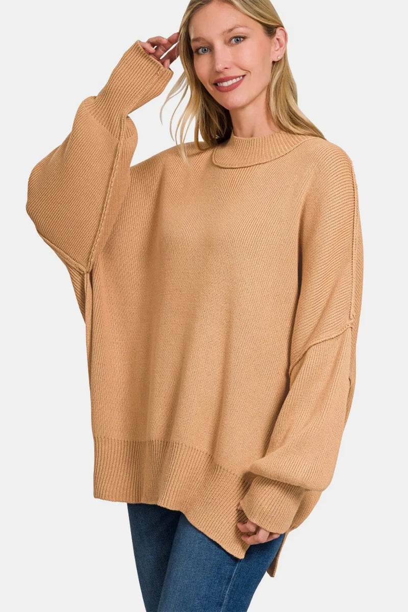 Oversized Side Slit Sweater in Dark Brown