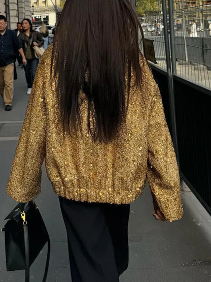 Sequin Long Sleeve Jacket with Pockets - Fashorio