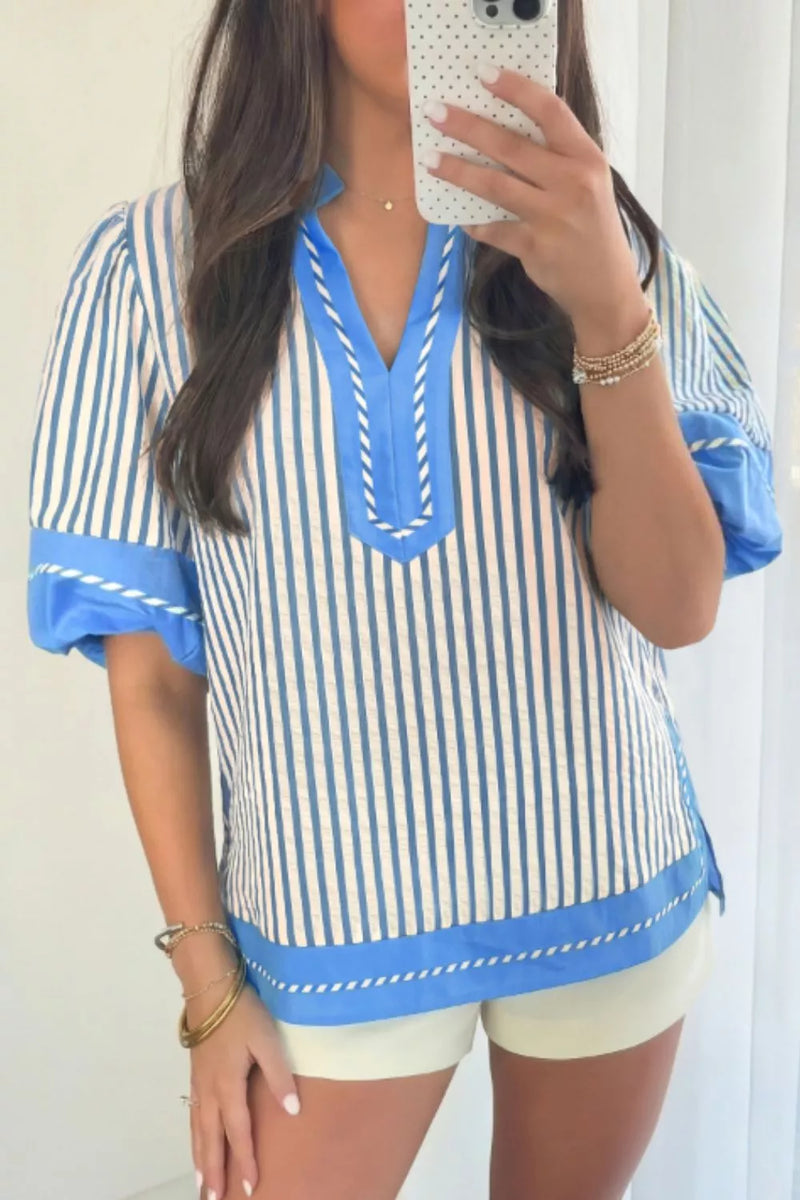 Blue striped color block V neck short sleeve blouse front view