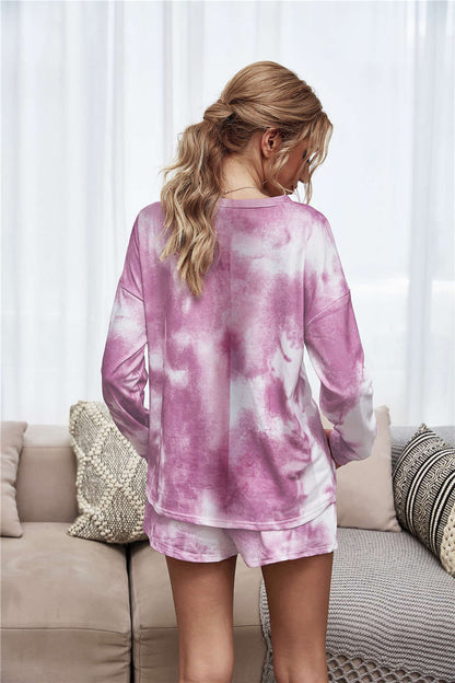 Tie-Dye Dropped Shoulder Top and Shorts Lounge Set - Fashorio