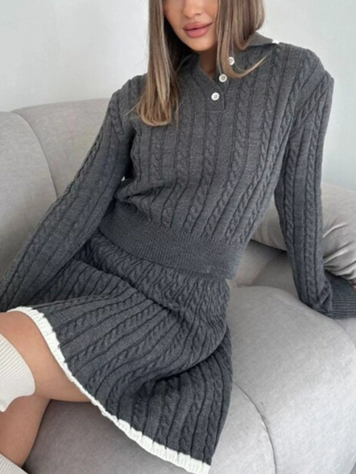 Cable knit top and skirt gray color view