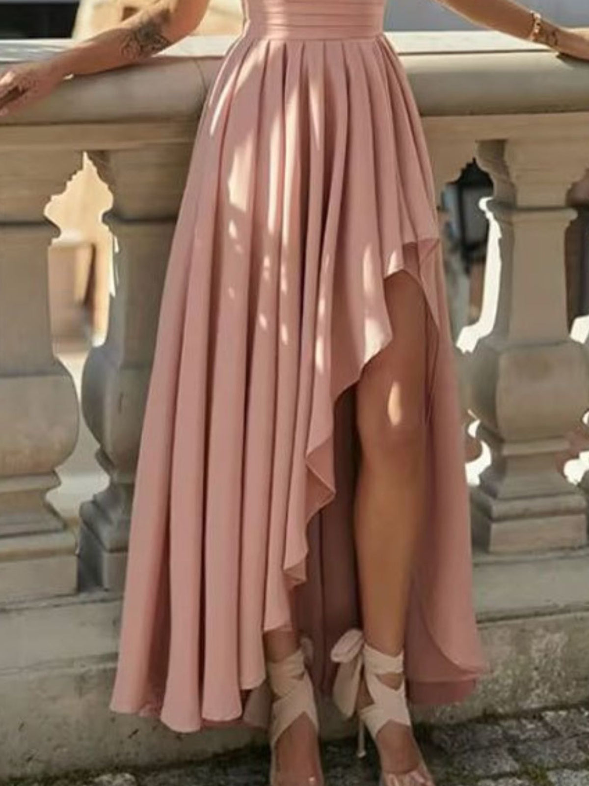 Dusty pink one shoulder asymmetrical maxi dress, side view