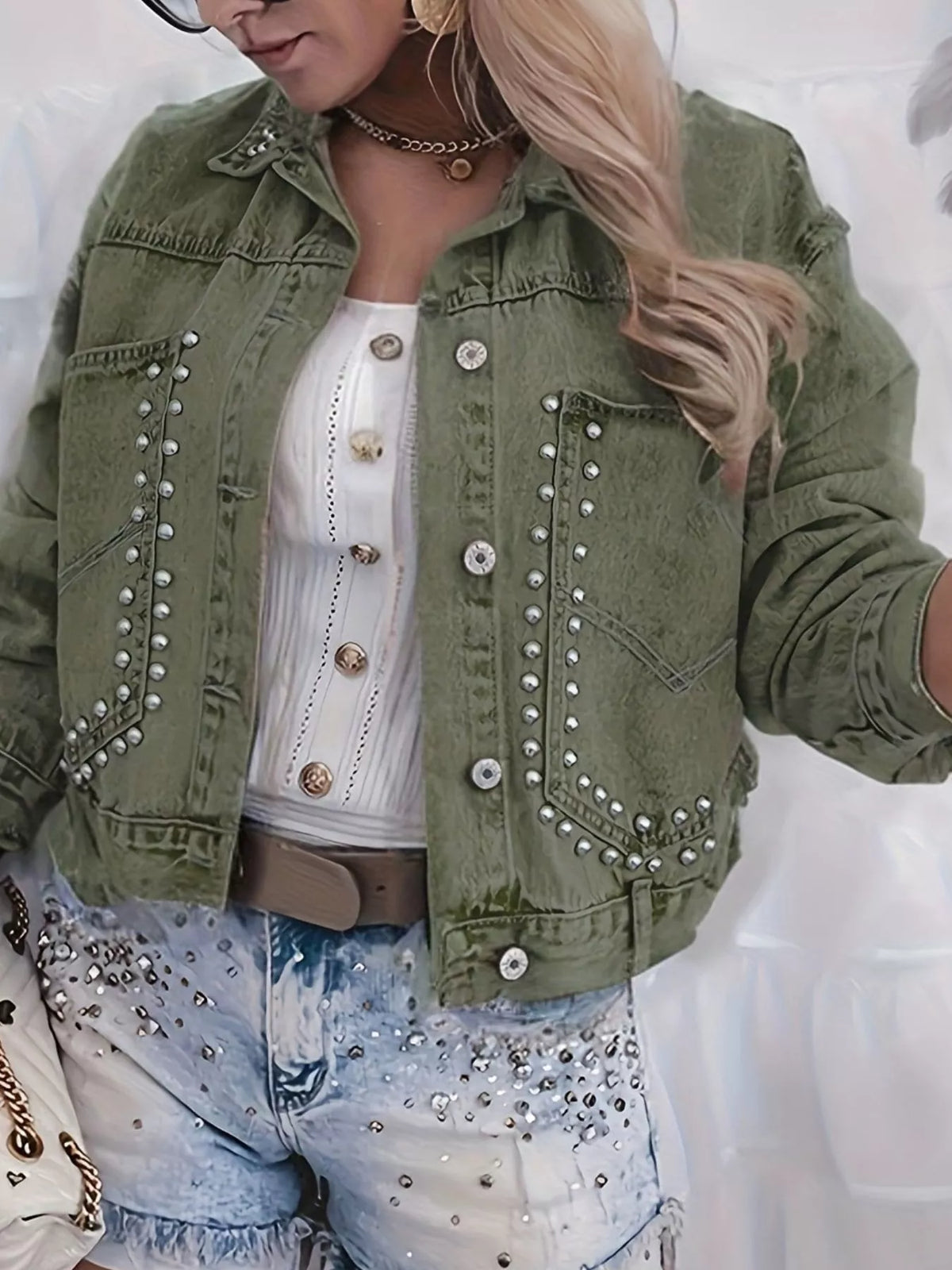 Studded Washed Denim Jacket in Army Green view 9
