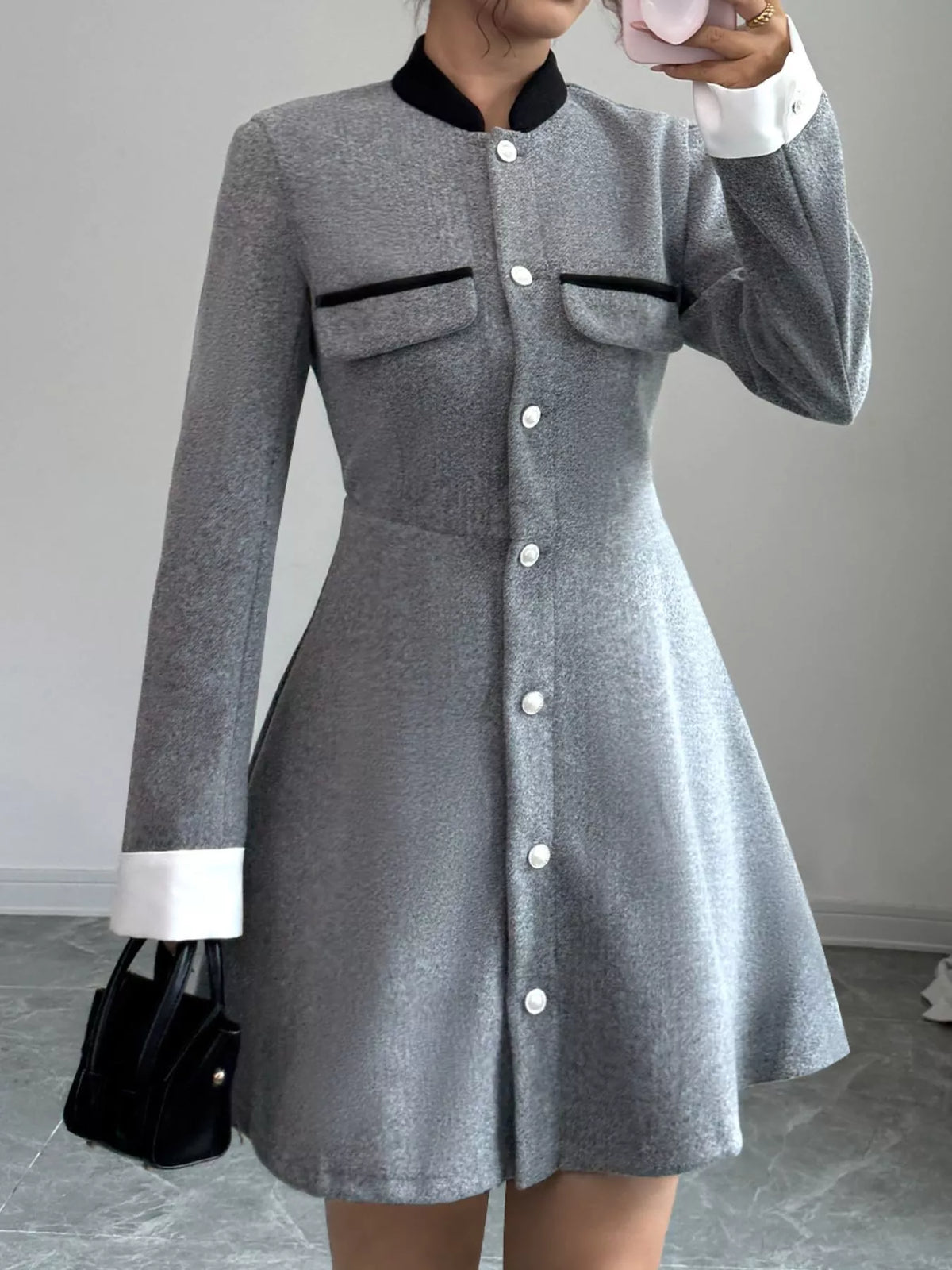 a line long sleeve button down dress in gray full length view