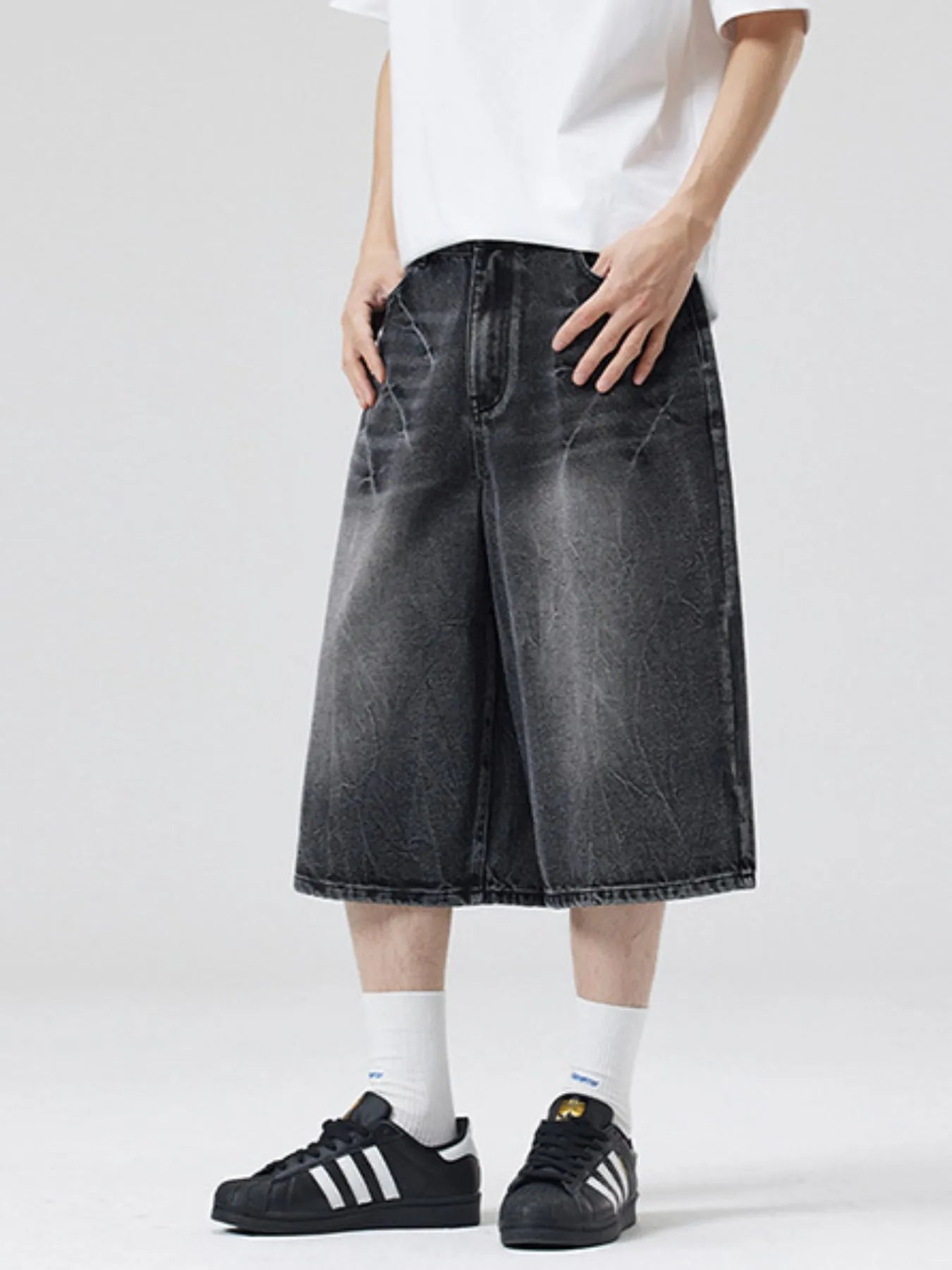 Men's Wide Leg Washed Denim Shorts Black Gray - Fashorio