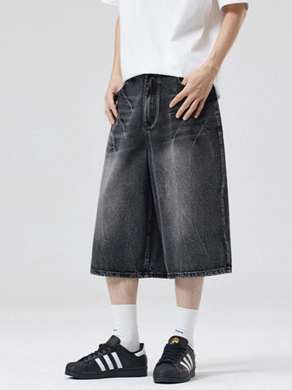 Men's Wide Leg Washed Denim Shorts Black Gray - Fashorio