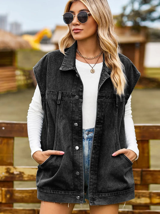 Button Up Collared Neck Sleeveless Denim Jacket Black - Fashorio