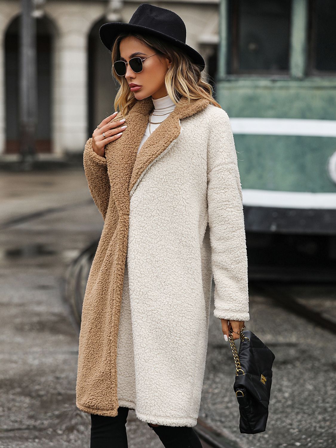 Contrast Dropped Shoulder Sherpa Coat - Fashorio