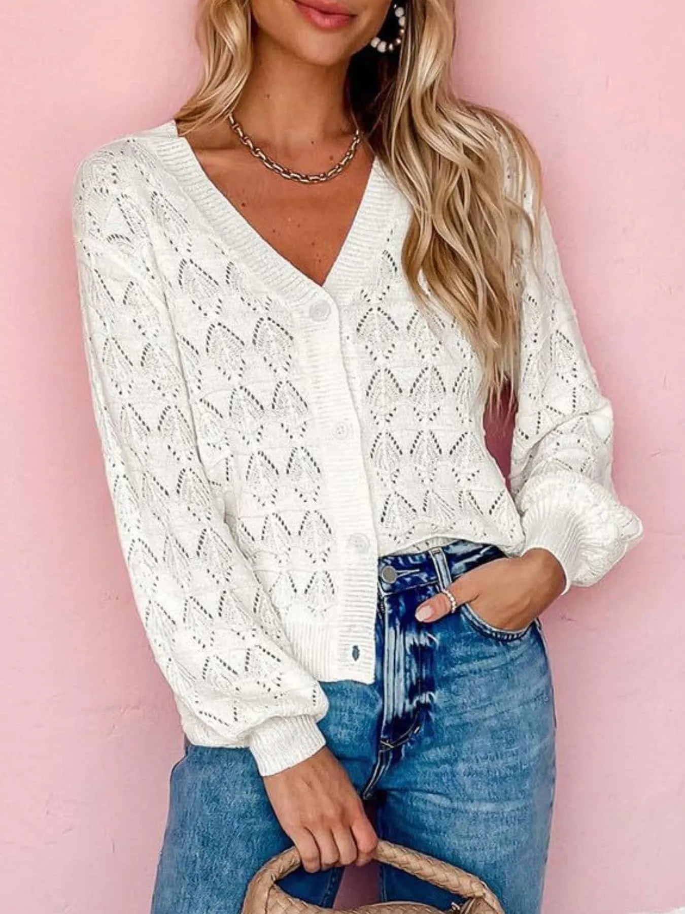 Openwork Button Up Cardigan White - Fashorio