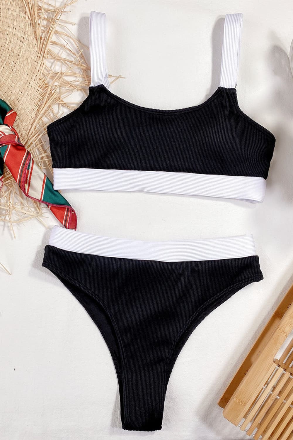 Color Block Scoop Neck Bikini Set Black - Fashorio