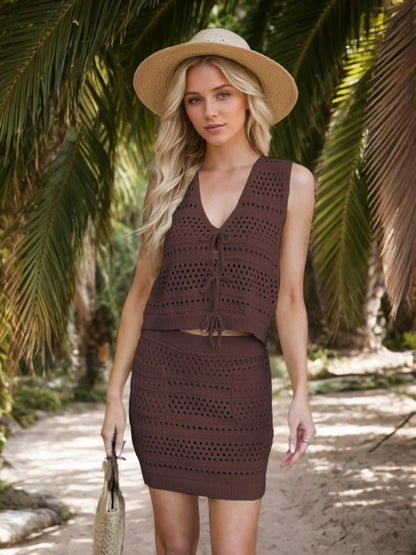 Openwork V-Neck Top and Skirt Knit Cover Up Set - Fashorio