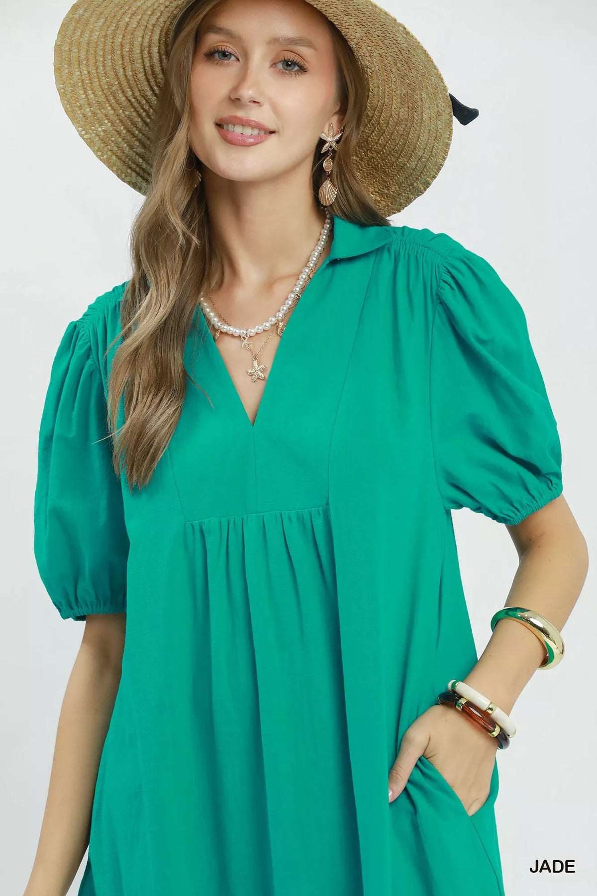 Jade green solid tiered midi dress detail view