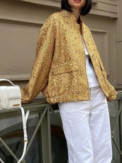 Sequin Long Sleeve Jacket with Pockets - Fashorio