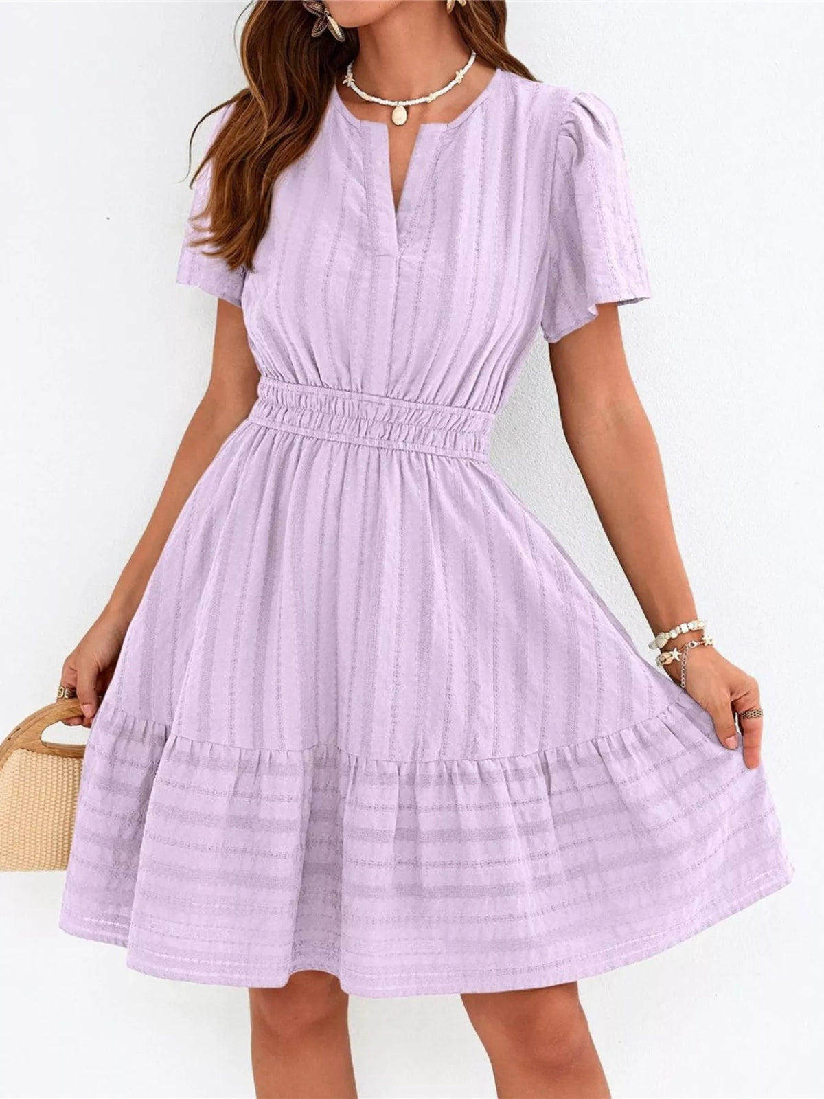 Short sleeve smocked waist tiered midi dress full length view