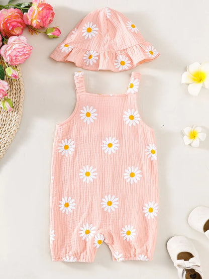 Children's Daisy Textured Wide Strap Romper and Hat Set - Fashorio