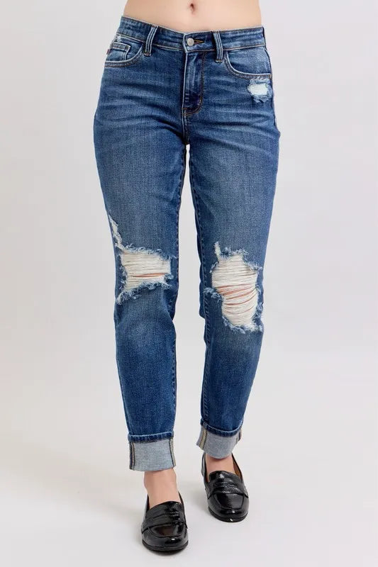 Judy Blue Full Size Mid Rise Boyfriend destroy Jeans with Yoke Pockets and Faux Selvedge Cuff Plus Size DK - Fashorio