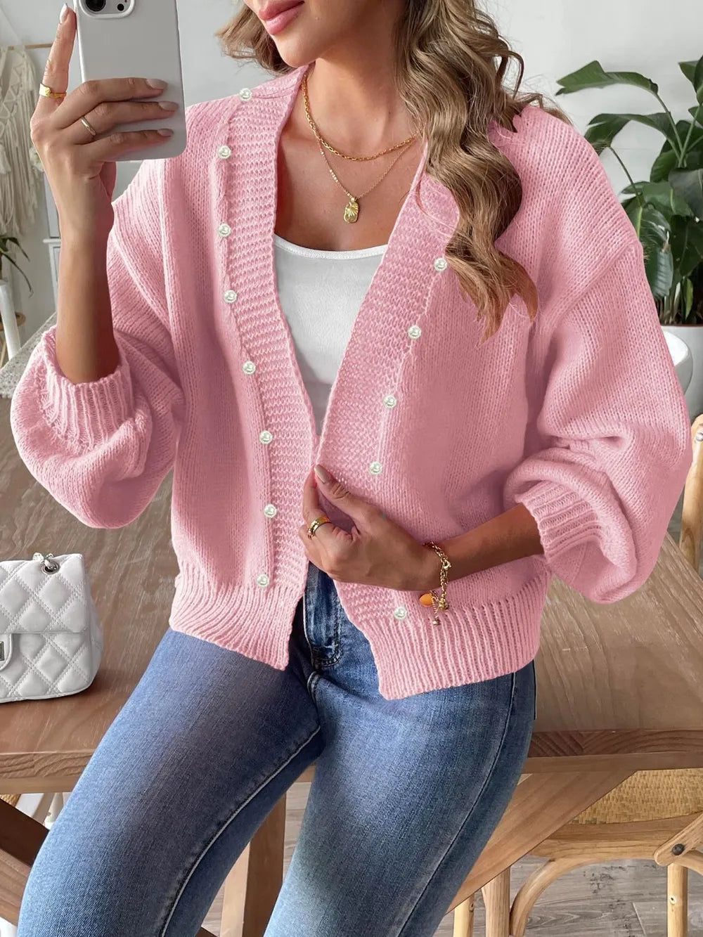 Pearl Open Front Long Sleeve Cardigan Blush Pink - Fashorio