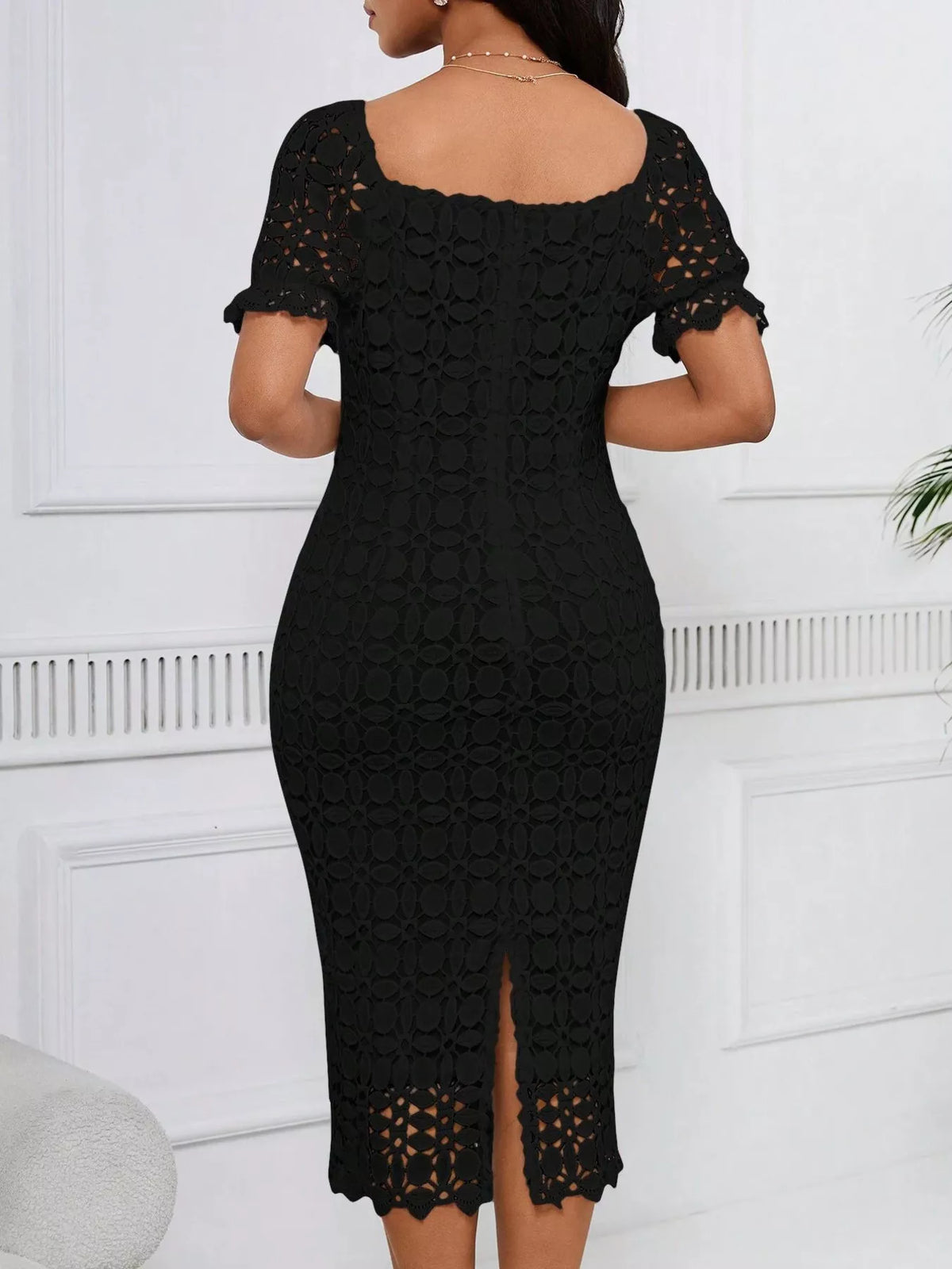 lace short sleeve midi dress neckline detail