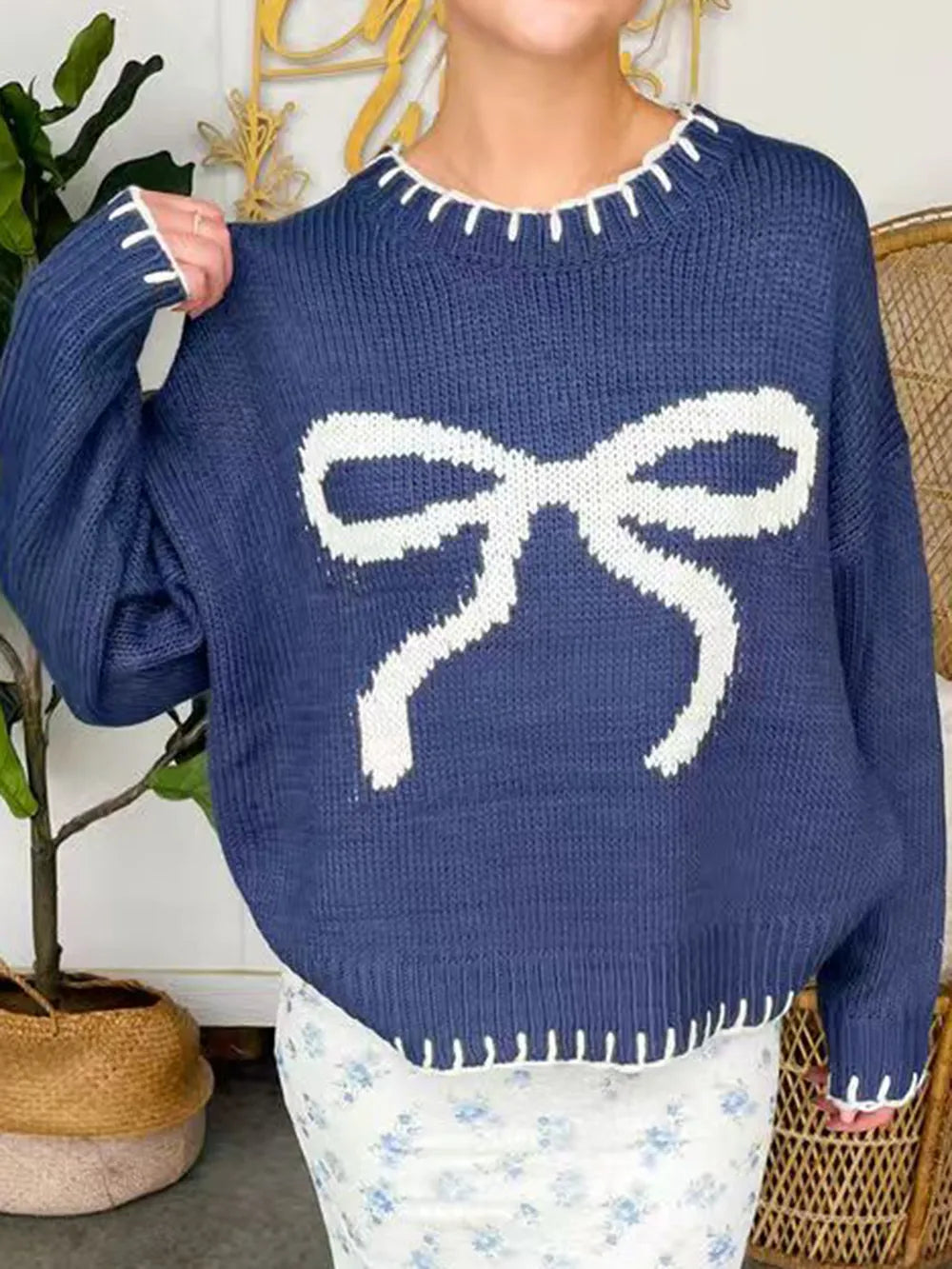 Bow Round Neck Long Sleeve Sweater, view 7