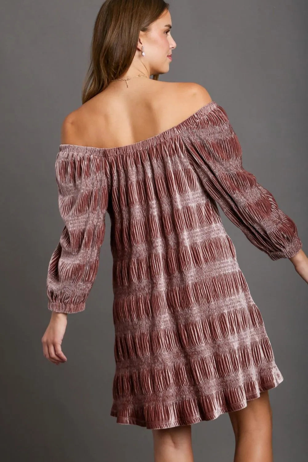 Off Shoulder Balloon Sleeve Velvet Mini Dress back view