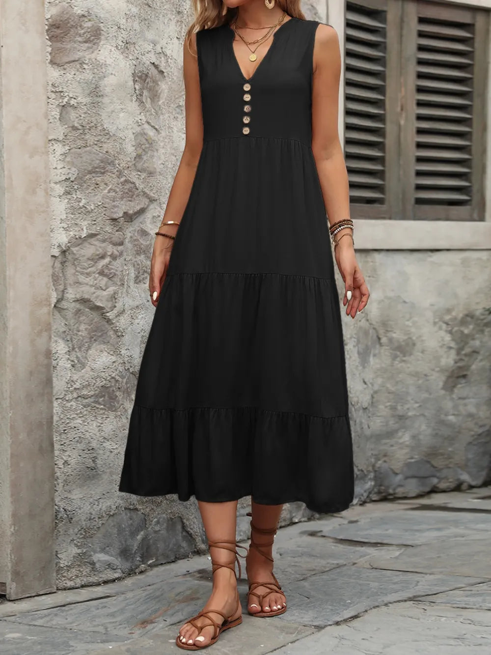 Ivy Lane Decorative Button Notched Sleeveless Dress Black - Fashorio