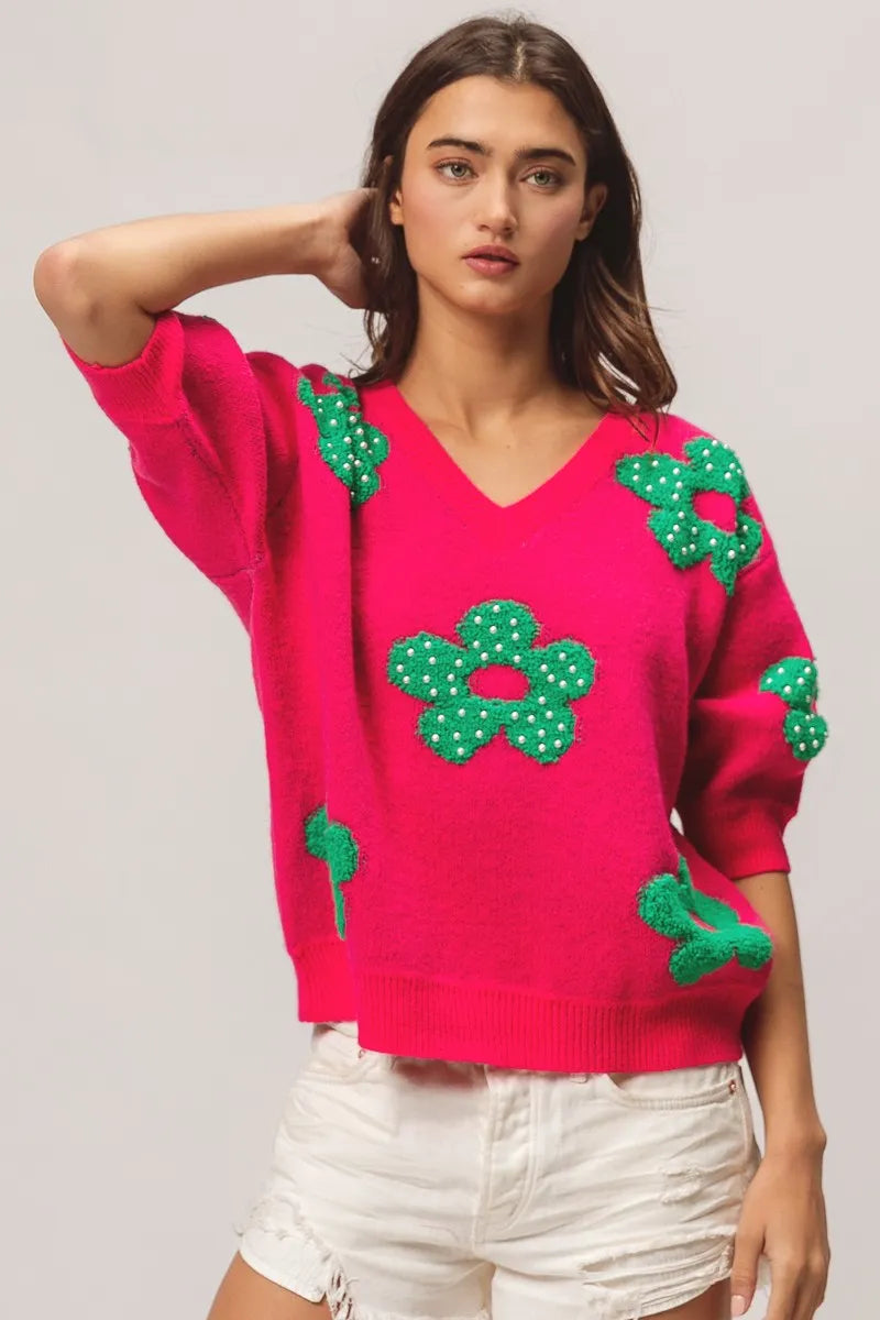 BiBi Pearl Beads Flowers Sweater Top - Fashorio